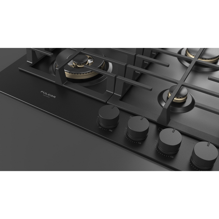Fulgor Milano 24-Inch Matteo Built-In Gas Cooktop, 400 Series, 4 Brass Burners, 3 Sealed Burners, Powerful Dual Ring Wok Burner, Black Matte Porcelain Finish