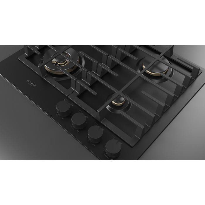 Fulgor Milano 24-Inch Matteo Built-In Gas Cooktop, 400 Series, 4 Brass Burners, 3 Sealed Burners, Powerful Dual Ring Wok Burner, Black Matte Porcelain Finish
