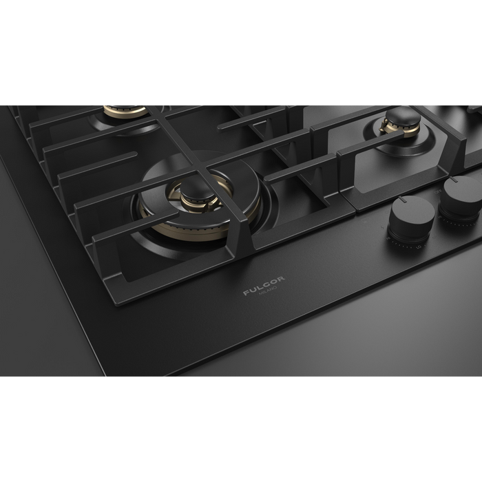 Fulgor Milano 24-Inch Matteo Built-In Gas Cooktop, 400 Series, 4 Brass Burners, 3 Sealed Burners, Powerful Dual Ring Wok Burner, Black Matte Porcelain Finish