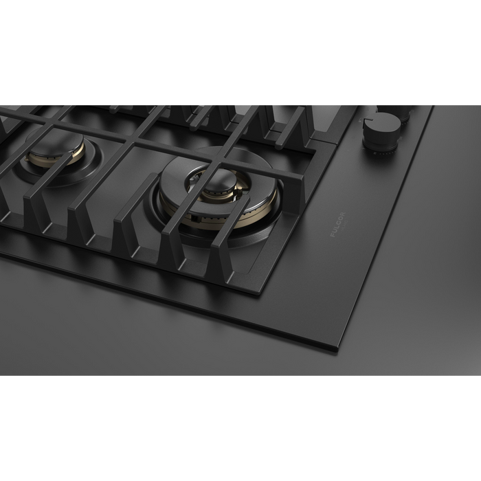 Fulgor Milano 24-Inch Matteo Built-In Gas Cooktop, 400 Series, 4 Brass Burners, 3 Sealed Burners, Powerful Dual Ring Wok Burner, Black Matte Porcelain Finish