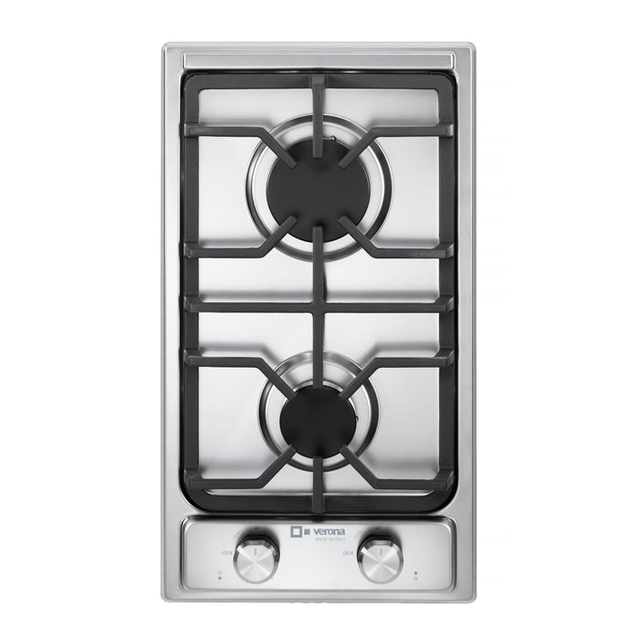 Verona 12-Inch Designer Series Stainless Steel Gas Cooktop with 2 Brass Burners, Continuous Grates, Electronic Ignition and Flame Failure Safety Device