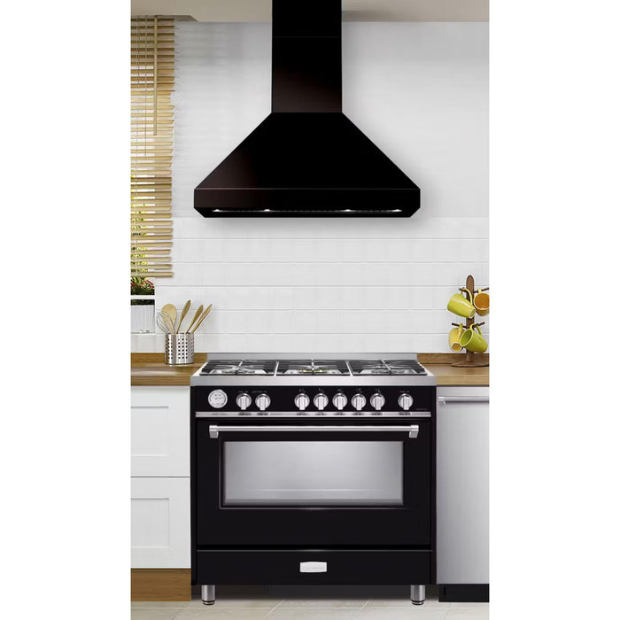 Verona 36-Inch Designer Series Gloss Black Chimney Wall Mount Range Hood with 600 CFM, 4 Speed Fan and LED Lighting