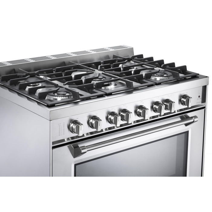 Verona Prestige 36-Inch Freestanding Stainless Steel Gas Range with 5 Sealed Burners, 4.0 Cu. Ft. Convection Oven, and Pro-Style Design