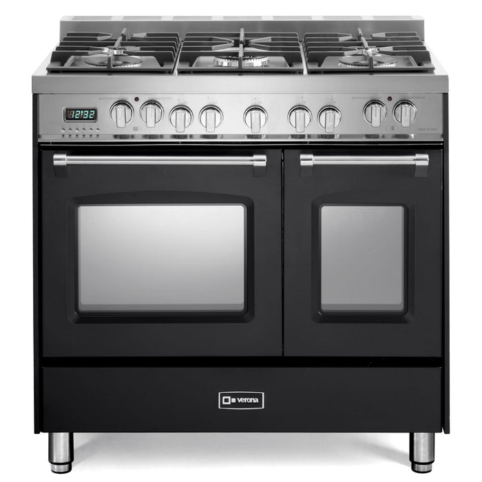 Verona Prestige 36-Inch Freestanding Matte Black Dual Fuel Double Oven Range With 5 Burners, 3.9 Cu. Ft. Total Capacity Convection Oven And Sleek Design