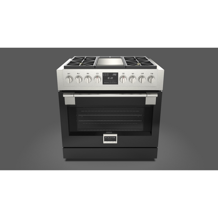 Fulgor Milano Sofia Pro 36-Inch Freestanding Dual Fuel Range, 600 Series, 4 Crescendo Dual Ring Brass Burners, Gas-Powered Trilaminate Griddle, Self-Clean, Soft-Close Door
