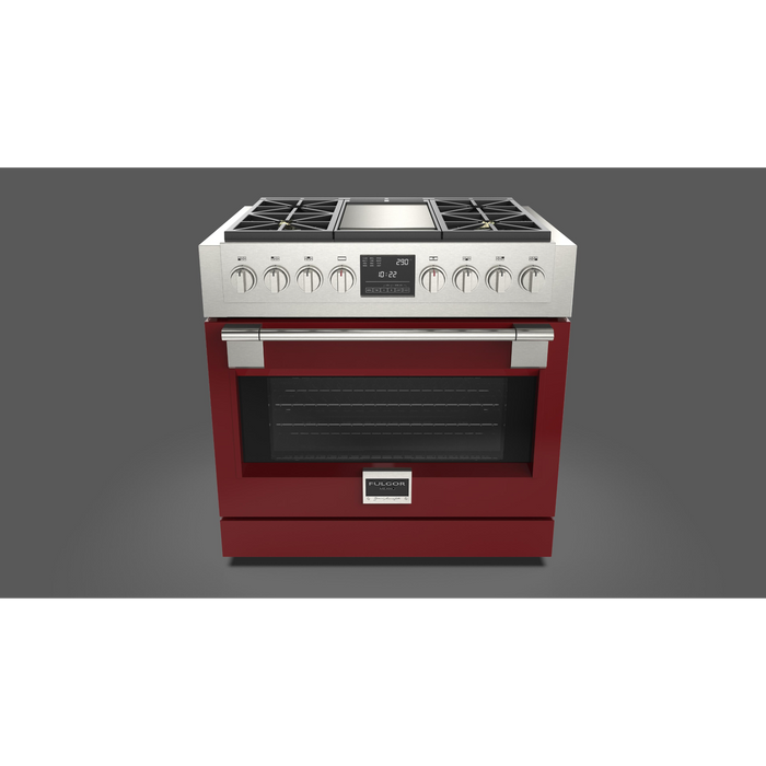 Fulgor Milano Sofia Pro 36-Inch Freestanding Dual Fuel Range, 600 Series, 4 Crescendo Dual Ring Brass Burners, Gas-Powered Trilaminate Griddle, Self-Clean, Soft-Close Door