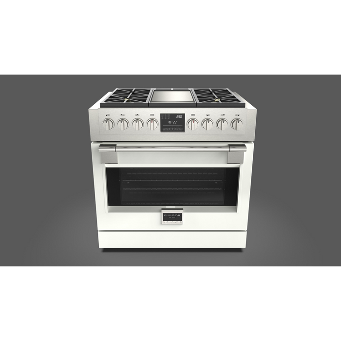 Fulgor Milano Sofia Pro 36-Inch Freestanding Dual Fuel Range, 600 Series, 4 Crescendo Dual Ring Brass Burners, Gas-Powered Trilaminate Griddle, Self-Clean, Soft-Close Door