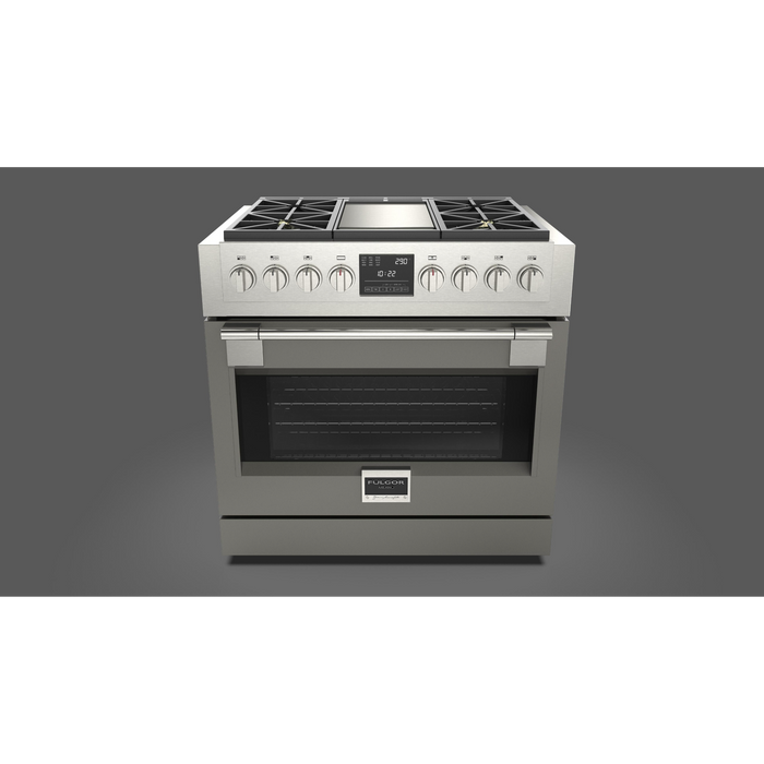 Fulgor Milano Sofia Pro 36-Inch Freestanding Dual Fuel Range, 600 Series, 4 Crescendo Dual Ring Brass Burners, Gas-Powered Trilaminate Griddle, Self-Clean, Soft-Close Door