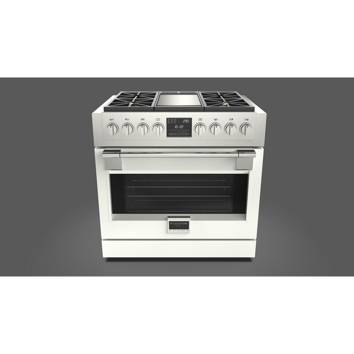 Fulgor Milano Sofia Pro 36-Inch Freestanding Dual Fuel Range, 600 Series, 4 Crescendo Dual Ring Brass Burners, Gas-Powered Trilaminate Griddle, Self-Clean, Soft-Close Door