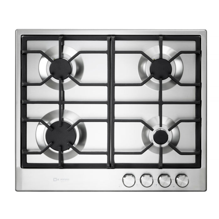 Verona 24-Inch Designer Series Stainless Steel Gas Cooktop with 4 Brass Burners, Continuous Grates and Flame Failure Safety Device