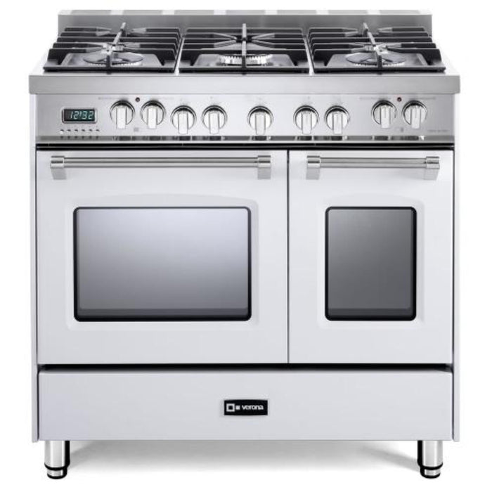 Verona Prestige 36-Inch Freestanding White Dual Fuel Double Oven Range With 5 Burners, 3.9 Cu. Ft. Total Capacity Convection Oven and Elegant Design