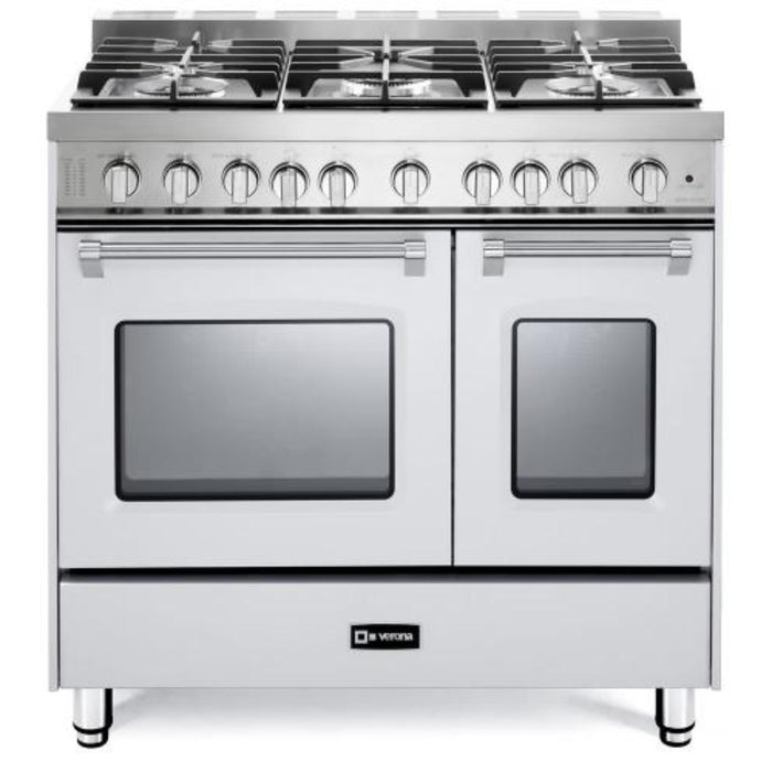 Verona Prestige 36-Inch Freestanding White Gas Range Double Oven With 5 Burners, 3.9 Cu. Ft. Total Capacity Convection Oven and Italian Craftsmanship