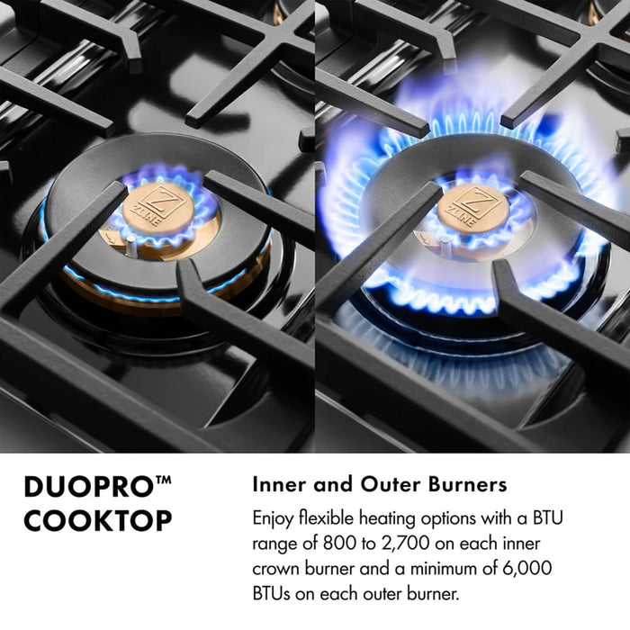 ZLINE Autograph Edition 48" & 36" Paramount Gas Ranges with 6 and 8 Burner DuoPro™ Cooktop and Convection Gas Oven with Black Matte Door Polished Gold or Champagne Bronze Accents
