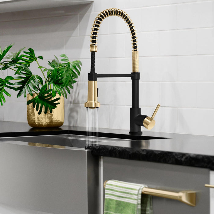 ZLINE Autograph Edition Apollo Pull-Down Spring Single Handle Kitchen Faucet in Matte Black and Champagne Bronze
