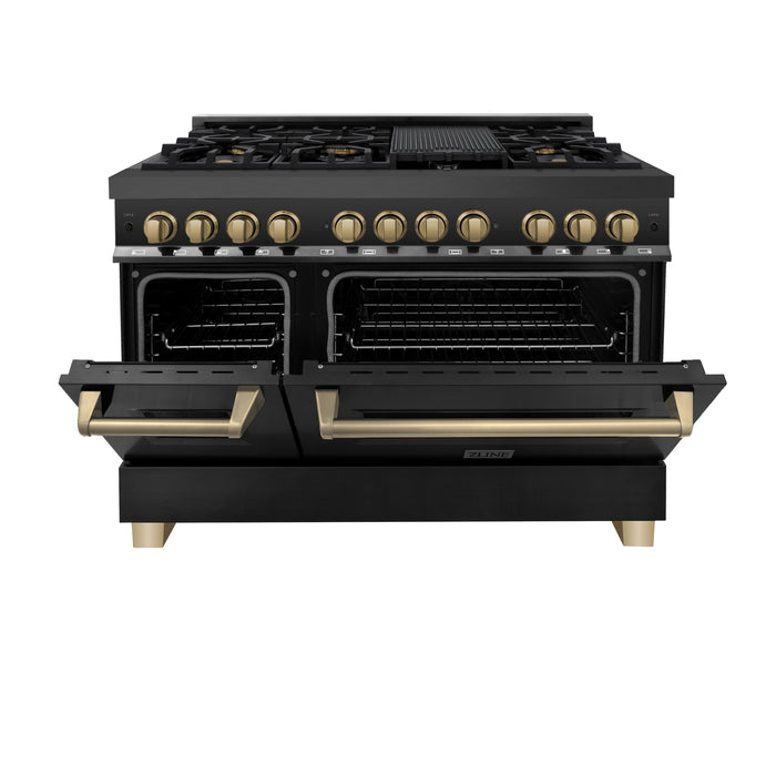 ZLINE 48" Autograph Edition Legacy Dual Fuel Range with 7 Burner Gas Cooktop and 2 Electric Ovens in Black Stainless Steel and Champagne Bronze Accents