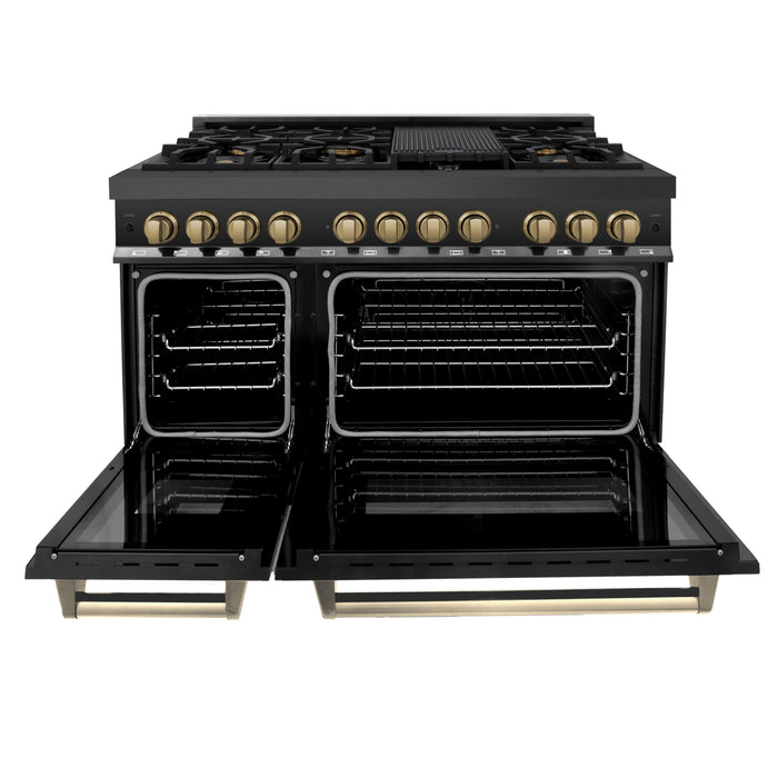 ZLINE 48" Autograph Edition Legacy Dual Fuel Range with 7 Burner Gas Cooktop and 2 Electric Ovens in Black Stainless Steel and Champagne Bronze Accents