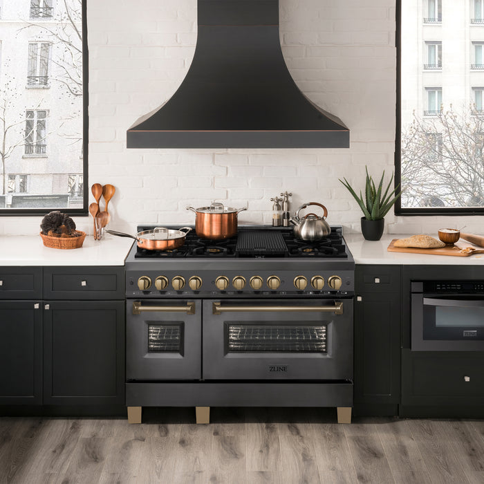 ZLINE 48" Autograph Edition Legacy Dual Fuel Range with 7 Burner Gas Cooktop and 2 Electric Ovens in Black Stainless Steel and Champagne Bronze Accents