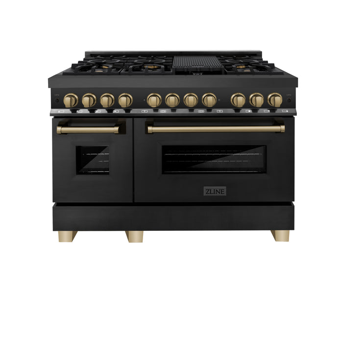 ZLINE 48" Autograph Edition Legacy Dual Fuel Range with 7 Burner Gas Cooktop and 2 Electric Ovens in Black Stainless Steel and Champagne Bronze Accents