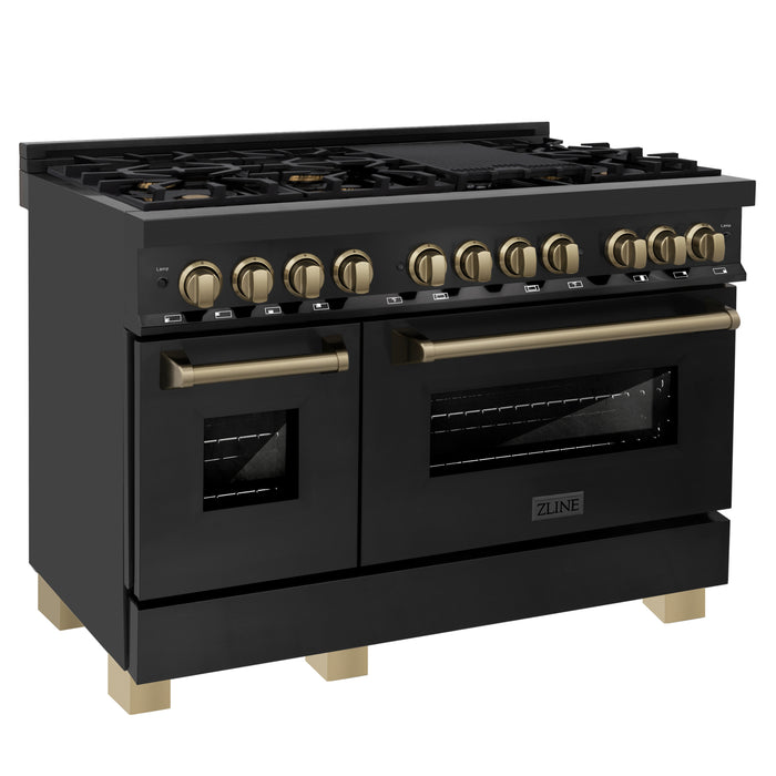 ZLINE 48" Autograph Edition Legacy Dual Fuel Range with 7 Burner Gas Cooktop and 2 Electric Ovens in Black Stainless Steel and Champagne Bronze Accents