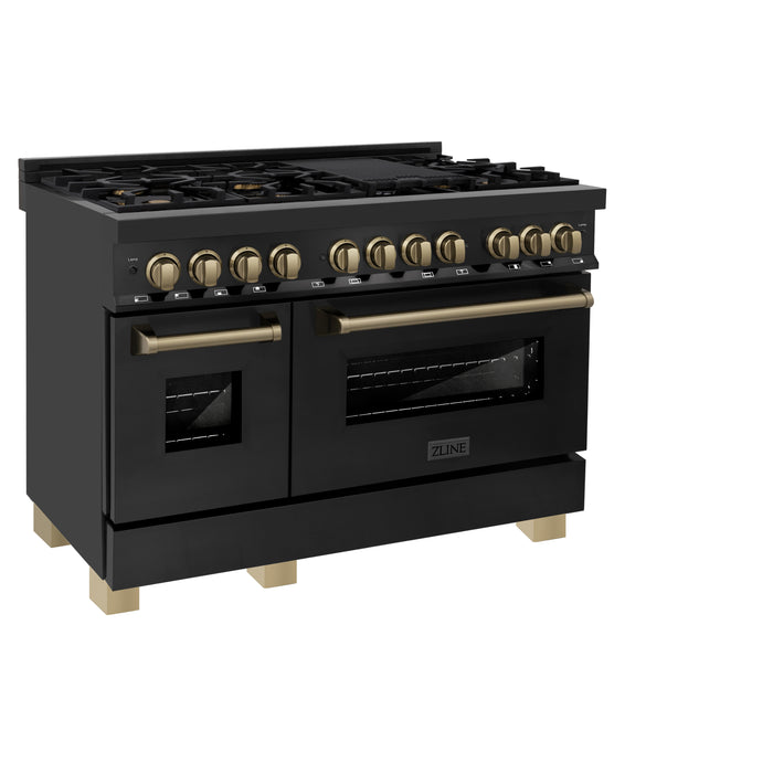 ZLINE 48" Autograph Edition Legacy Dual Fuel Range with 7 Burner Gas Cooktop and 2 Electric Ovens in Black Stainless Steel and Champagne Bronze Accents