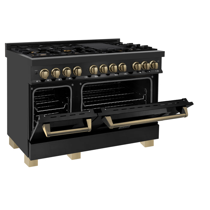 ZLINE 48" Autograph Edition Legacy Dual Fuel Range with 7 Burner Gas Cooktop and 2 Electric Ovens in Black Stainless Steel and Champagne Bronze Accents