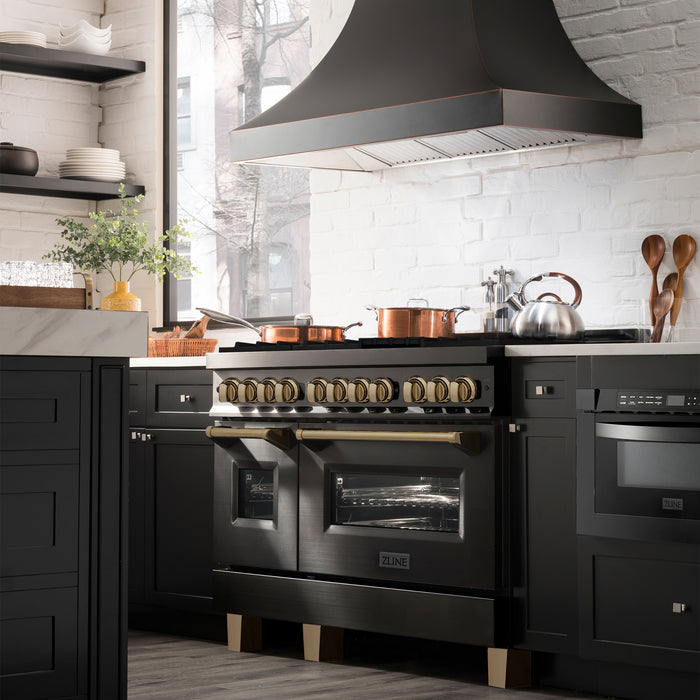 ZLINE 48" Autograph Edition Legacy Dual Fuel Range with 7 Burner Gas Cooktop and 2 Electric Ovens in Black Stainless Steel and Champagne Bronze Accents