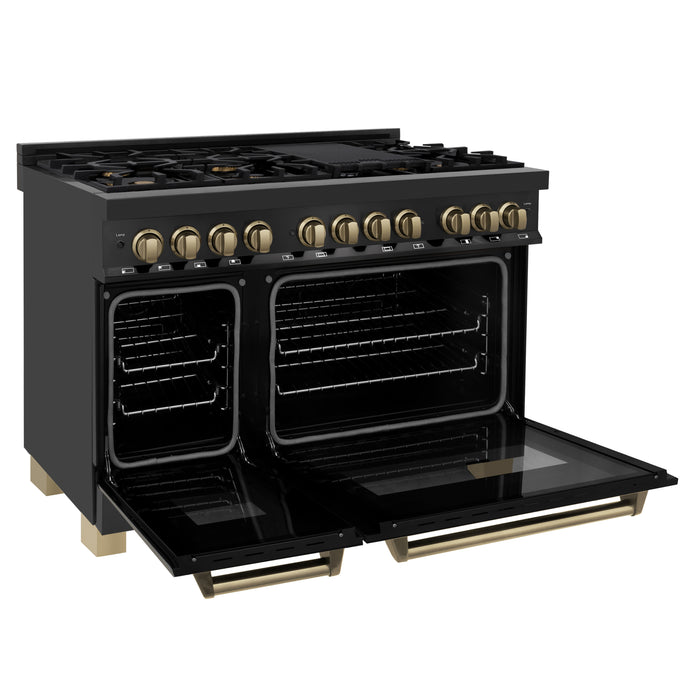 ZLINE 48" Autograph Edition Legacy Dual Fuel Range with 7 Burner Gas Cooktop and 2 Electric Ovens in Black Stainless Steel and Champagne Bronze Accents
