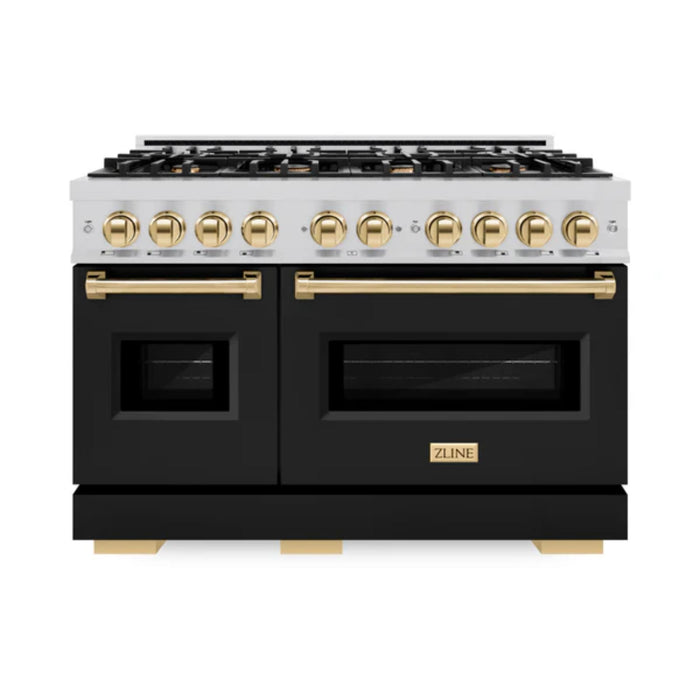 ZLINE Autograph Edition Classic Dual Fuel Ranges with Black Matte Doors and Polished Gold Accents
