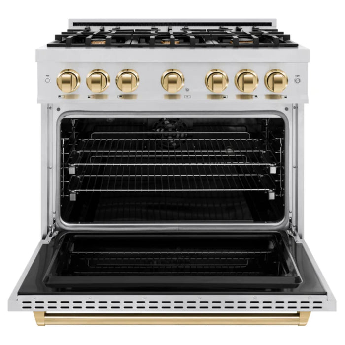 ZLINE Autograph Edition Classic Dual Fuel Ranges Burner Gas Cooktop and Electric Convection Oven in Stainless Steel with Polished Gold Accents