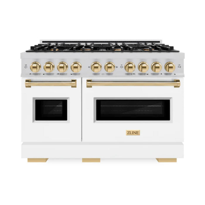 ZLINE Autograph Edition Classic Dual Fuel Ranges in White Matte with Polished Gold Accents