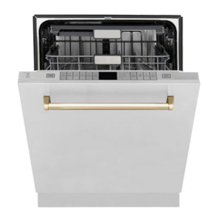 ZLINE 24" Autograph Edition  Monument Series 3rd Rack Top Touch Control Tall Tub Dishwasher in Stainless Steel with Polished Gold Handle