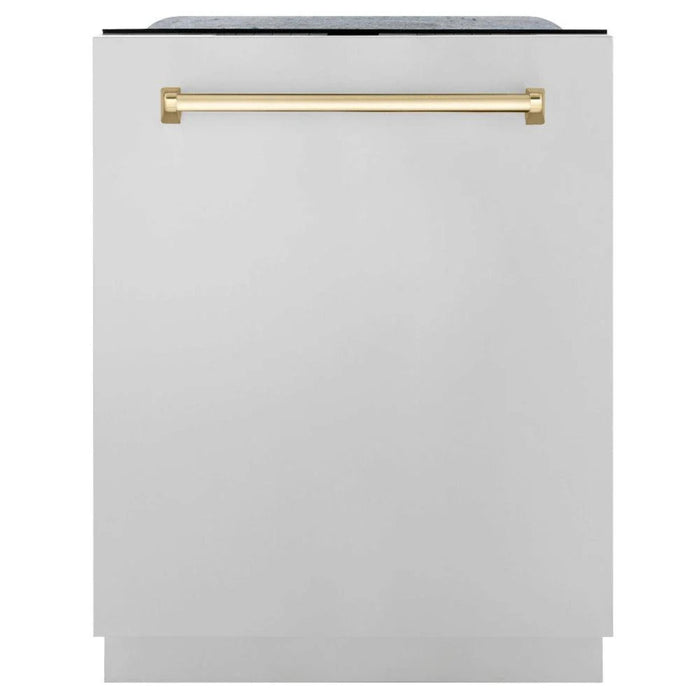 ZLINE Autograph Edition 30", 36", & 48" Stainless Steel 4-Piece Kitchen Package with Polished Gold Accents—Dual Fuel Range, Wall Mount Range Hood, Dishwasher, and Refrigerator.