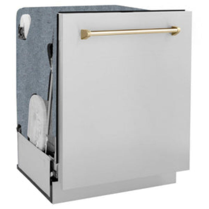 ZLINE 24" Autograph Edition  Monument Series 3rd Rack Top Touch Control Tall Tub Dishwasher in Stainless Steel with Polished Gold Handle