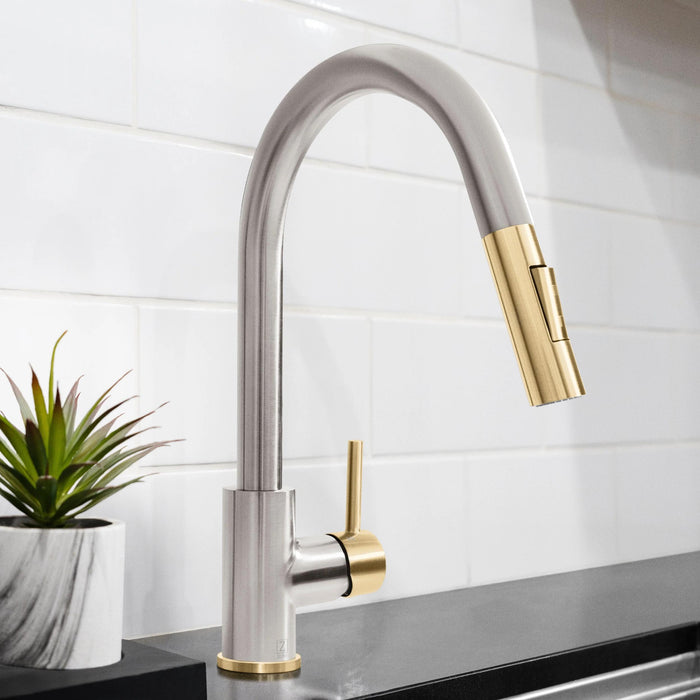 ZLINE Autograph Edition Gemini Pull-Down Single Handle Kitchen Faucet in Brushed Nickel and Champagne Bronze