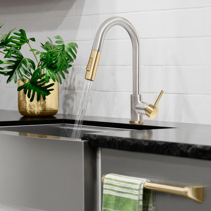 ZLINE Autograph Edition Gemini Pull-Down Single Handle Kitchen Faucet in Brushed Nickel and Champagne Bronze