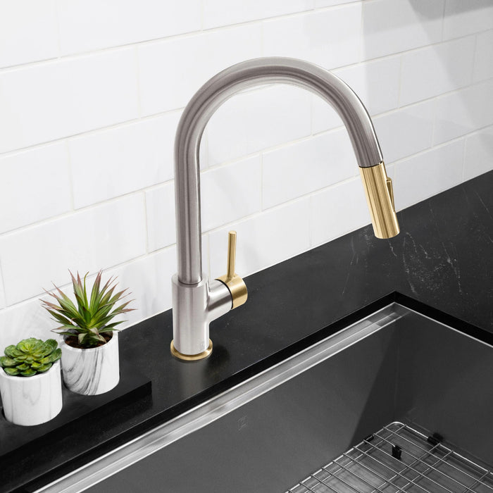 ZLINE Autograph Edition Gemini Pull-Down Single Handle Kitchen Faucet in Brushed Nickel and Champagne Bronze