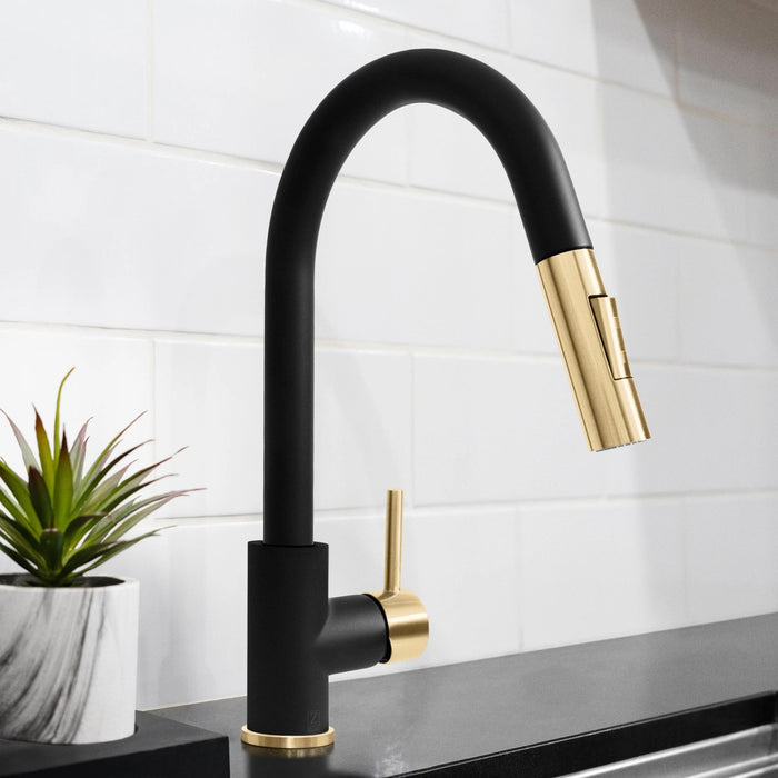 ZLINE Autograph Edition Gemini Pull-Down Single Handle Kitchen Faucet in Matte Black and Champagne Bronze