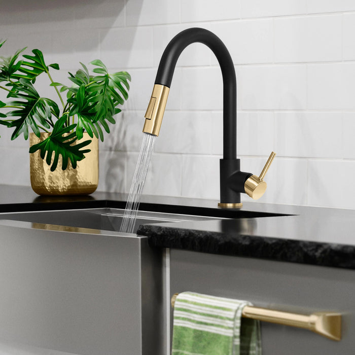 ZLINE Autograph Edition Gemini Pull-Down Single Handle Kitchen Faucet in Matte Black and Champagne Bronze