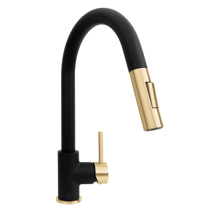 ZLINE Autograph Edition Gemini Pull-Down Single Handle Kitchen Faucet in Matte Black and Champagne Bronze