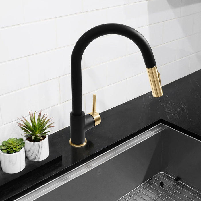 ZLINE Autograph Edition Gemini Pull-Down Single Handle Kitchen Faucet in Matte Black and Champagne Bronze