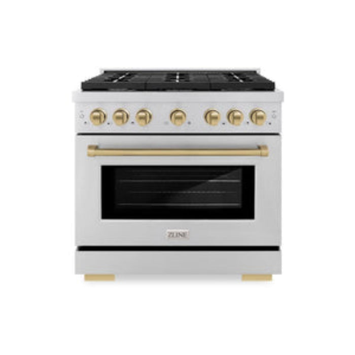 ZLINE 36" Autograph Edition Paramount Gas Range with 6 Burner Cooktop and Convection Gas Oven in Stainless Steel and Champagne Bronze Accents