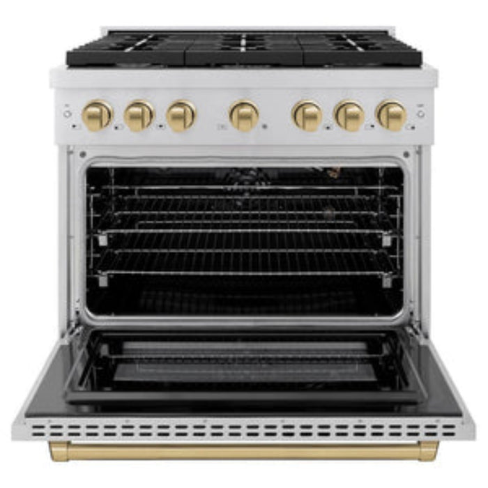 ZLINE 36" Autograph Edition Paramount Gas Range with 6 Burner Cooktop and Convection Gas Oven in Stainless Steel and Champagne Bronze Accents