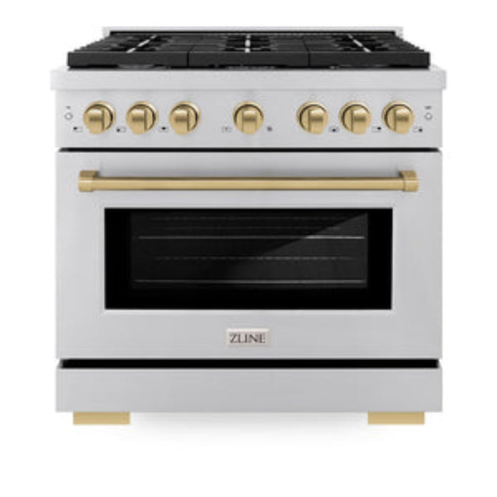 ZLINE 36" Autograph Edition Paramount Gas Range with 6 Burner Cooktop and Convection Gas Oven in Stainless Steel and Champagne Bronze Accents