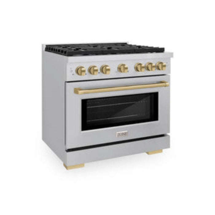 ZLINE 36" Autograph Edition Paramount Gas Range with 6 Burner Cooktop and Convection Gas Oven in Stainless Steel and Champagne Bronze Accents