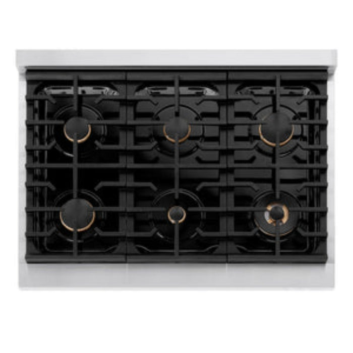 ZLINE 36" Autograph Edition Paramount Gas Range with 6 Burner Cooktop and Convection Gas Oven in Stainless Steel and Champagne Bronze Accents
