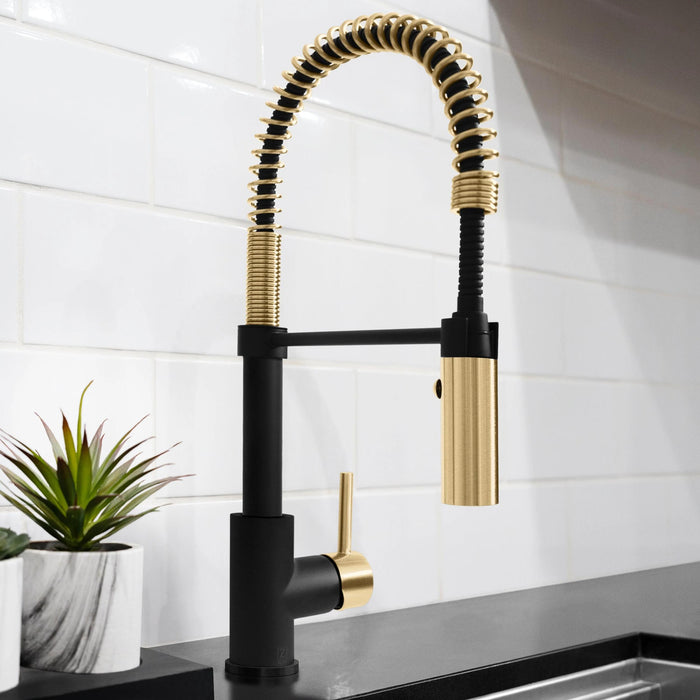 ZLINE Autograph Edition Sierra Pull-Down Spring Single Handle Kitchen Faucet in Matte Black and Champagne Bronze