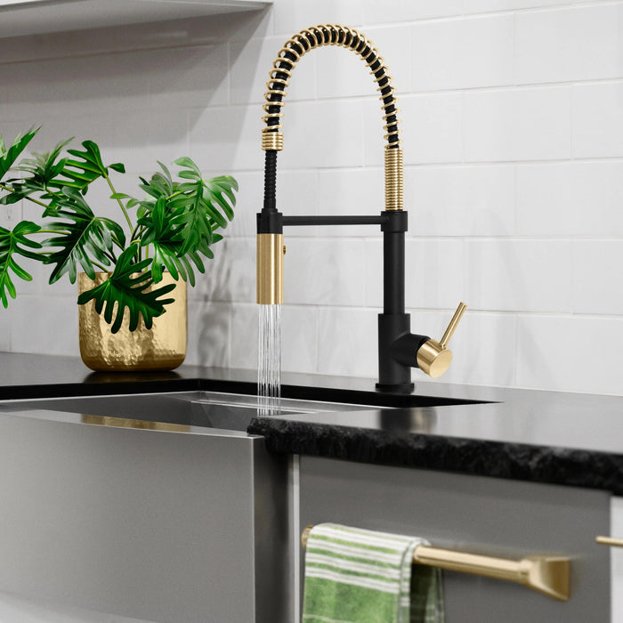 ZLINE Autograph Edition Sierra Pull-Down Spring Single Handle Kitchen Faucet in Matte Black and Champagne Bronze