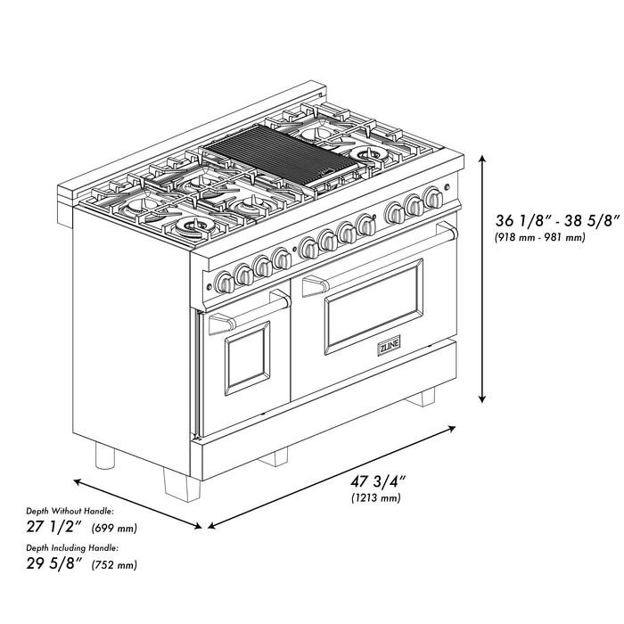 ZLINE 48"  Autograph Edition  Legacy Dual Fuel Range with 7 Burner Gas Cooktop and 2 Electric Ovens in Stainless Steel and Champagne Bronze Accents