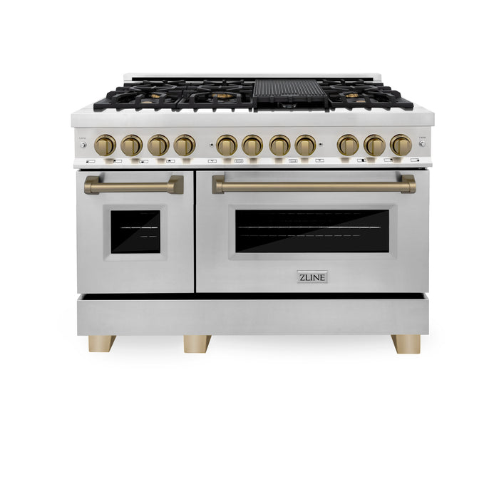 ZLINE 48"  Autograph Edition  Legacy Dual Fuel Range with 7 Burner Gas Cooktop and 2 Electric Ovens in Stainless Steel and Champagne Bronze Accents