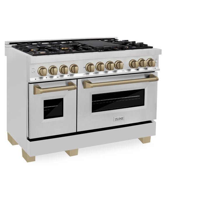 ZLINE 48"  Autograph Edition  Legacy Dual Fuel Range with 7 Burner Gas Cooktop and 2 Electric Ovens in Stainless Steel and Champagne Bronze Accents